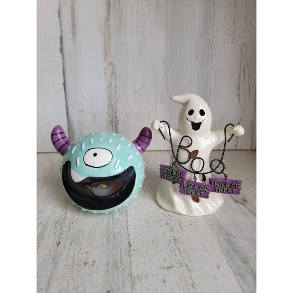 Ceramic ghost tea light monster light up Halloween home decor set - Picture 1 of 8